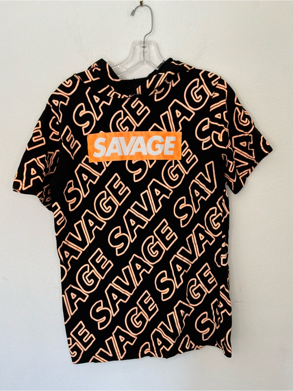 Launder Savage Allover Logo Short Sleeve Hooded T-Shirt Size Small
